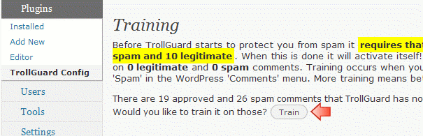 Screenshot showing where to click to bulk-train TrollGuard on existing comments.
